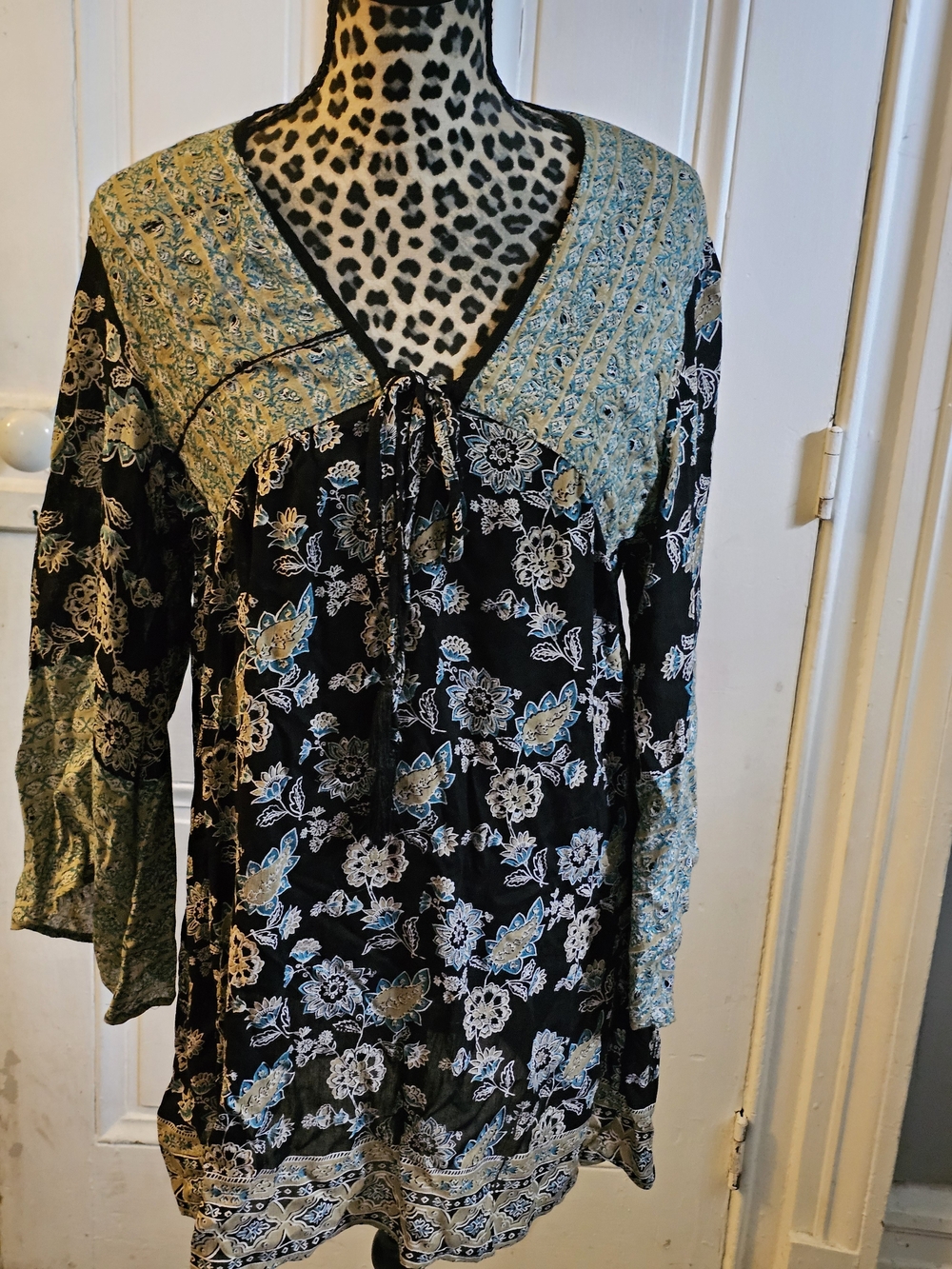 Boho Floral Tie-Front Tunic in Black and Teal
